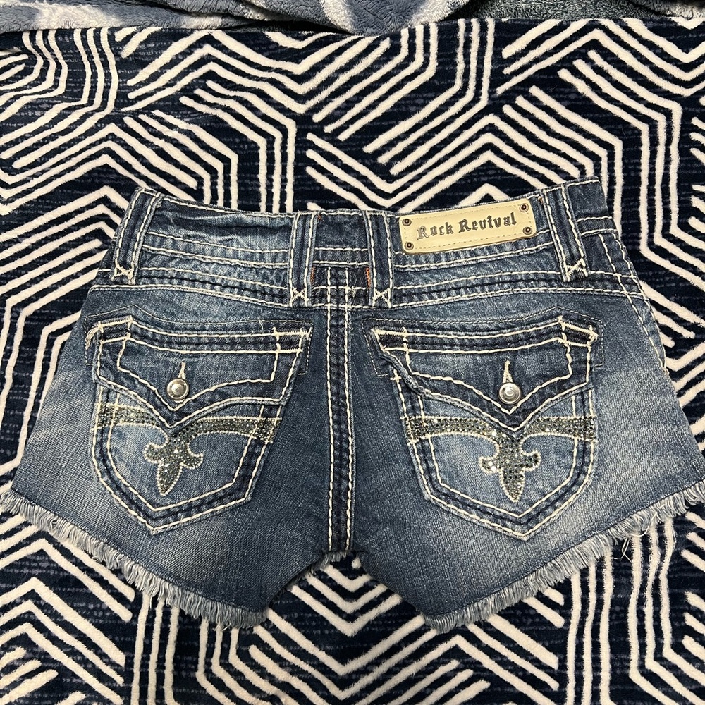 Rock Revival Blue Denim Jean Shorts with White Stitching